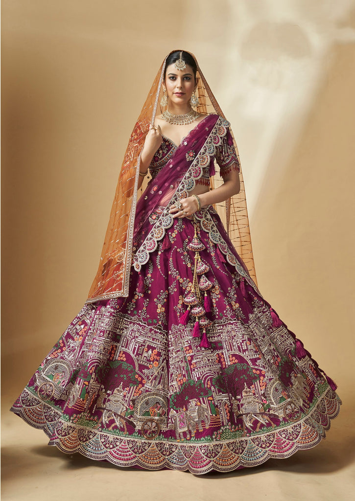 Magenta Pure Silk Hand Work Umbrella Lehenga Wedding Wear